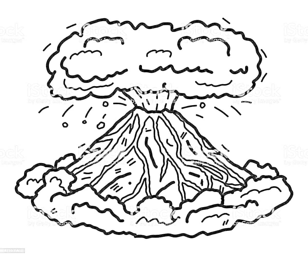 На раскраске изображено: Вулкан, Извержение, Облако дыма, Лава, Камни, Природа, Природное явление