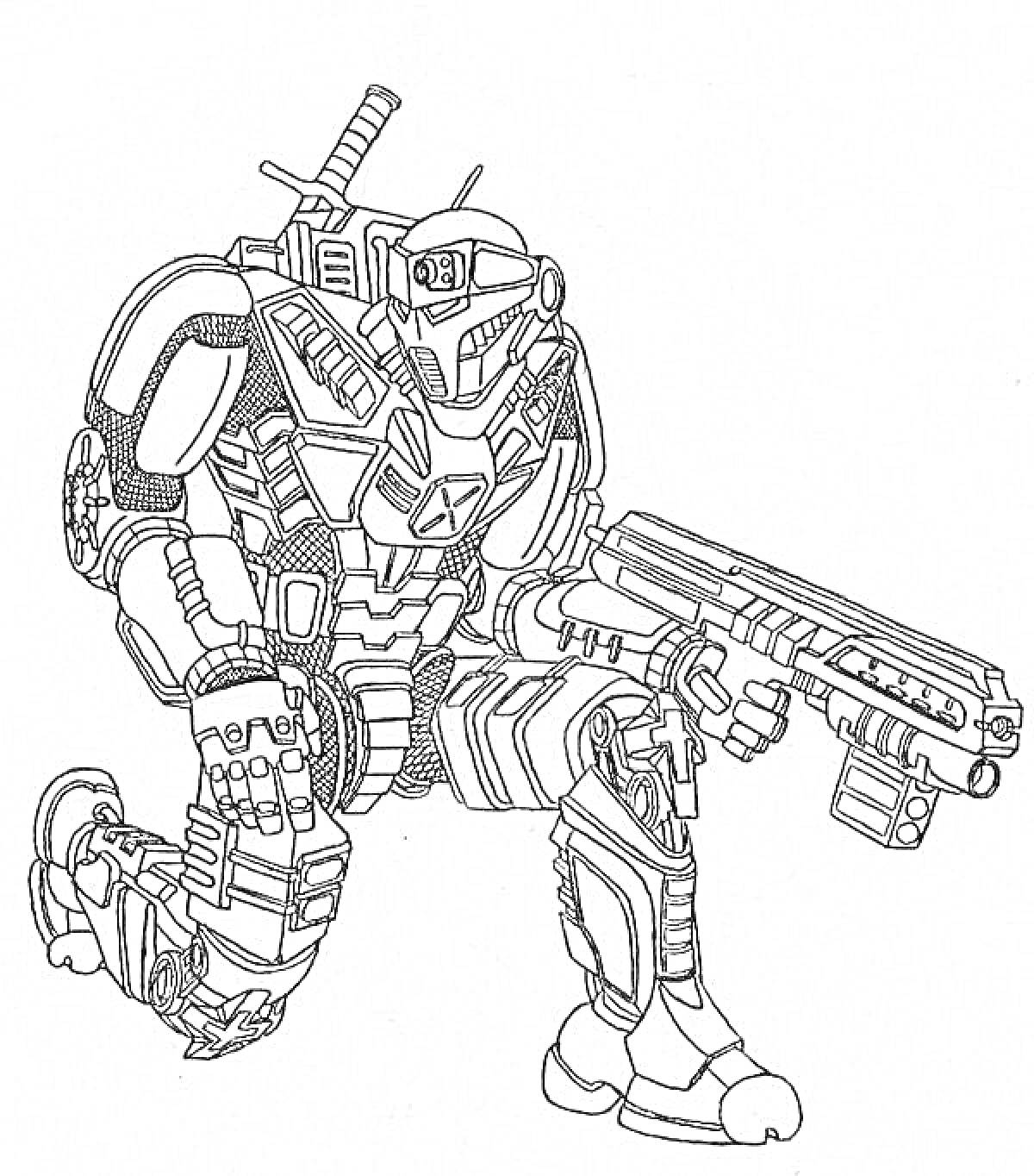 Раскраска Солдат в силовой броне из Fallout 4 с оружием в руках, в боевой позе