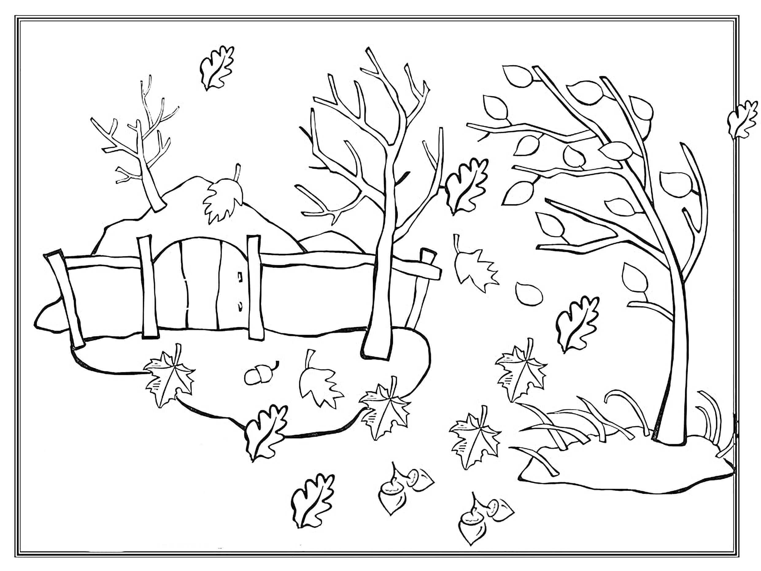 Раскраска Осенний пейзаж с деревьями, забором и опадающими листьями