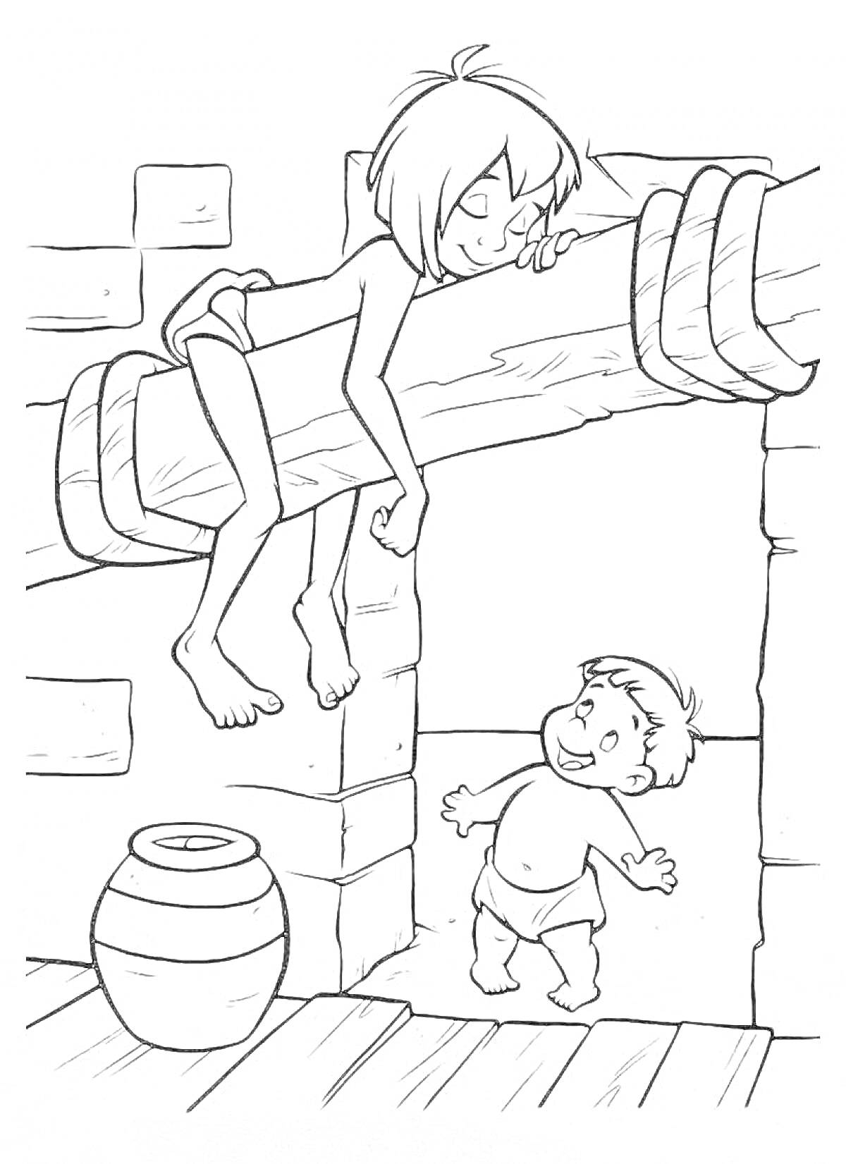 Раскраска Девочка на бревне и мальчик возле амфоры в каменном здании