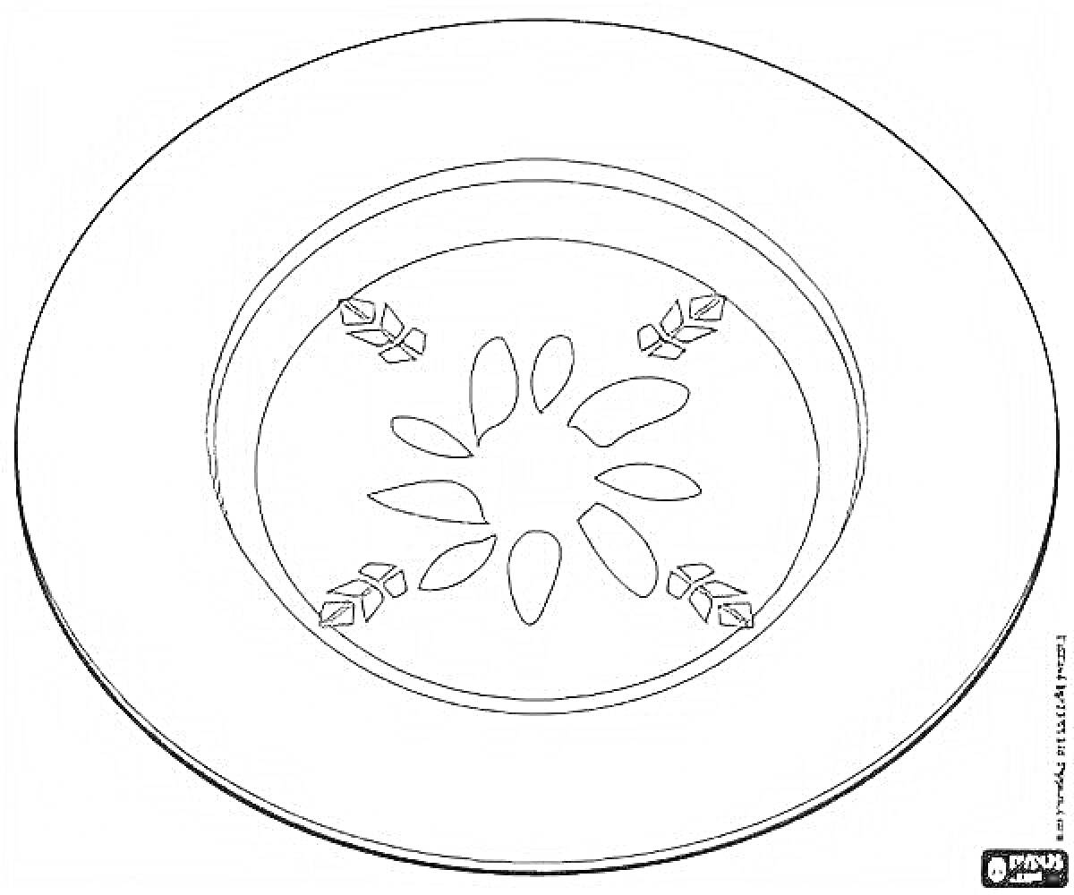 На раскраске изображено: Тарелка, Листья, Для детей, 2-3 года, Еда, Кухня