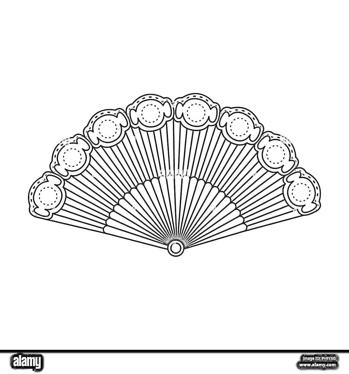 Раскраска Чёрно-белая раскраска веера с узорами и декоративными элементами на верхней кромке