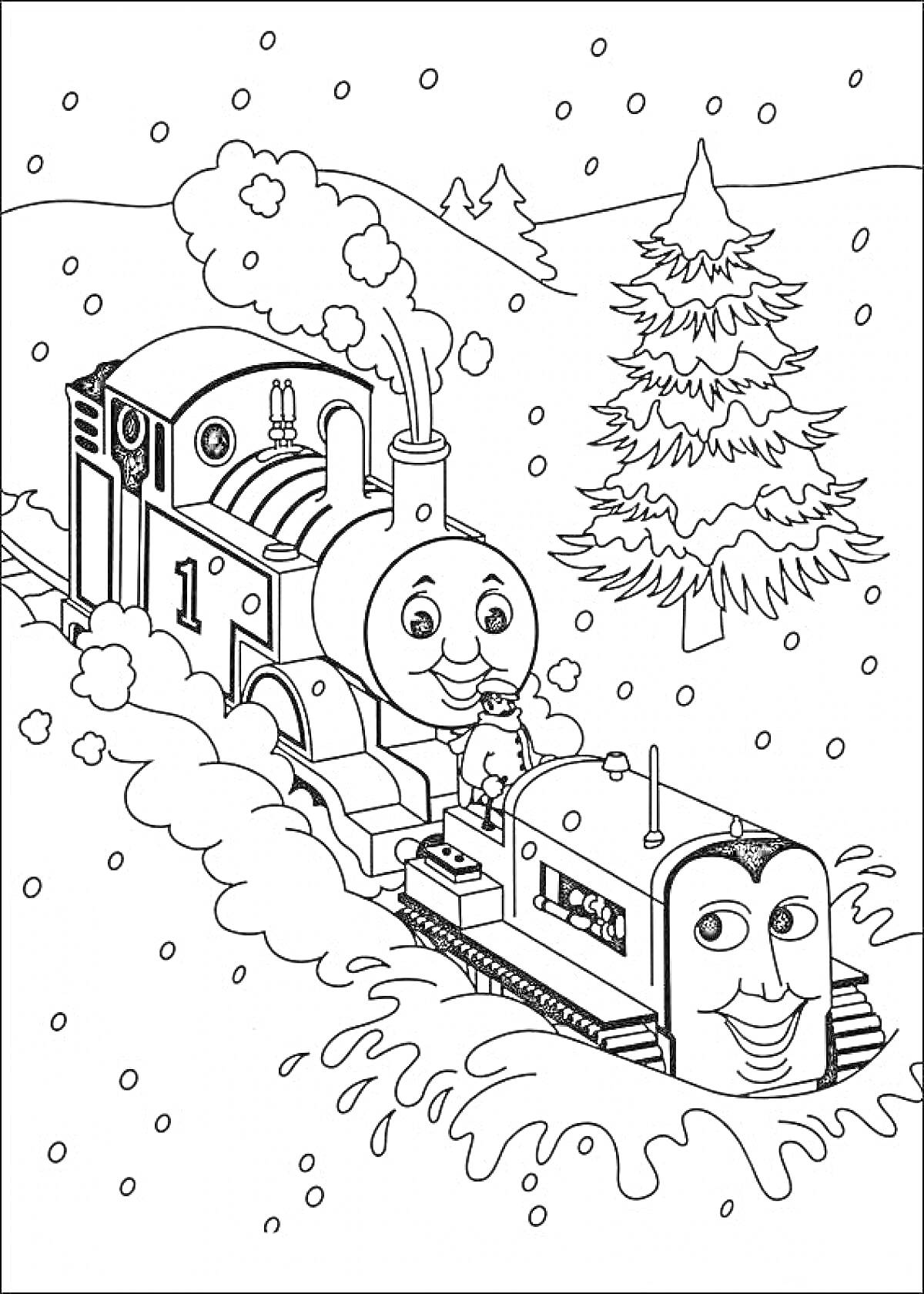 Паровозик Томас едет по заснеженной дороге, на фоне ель и холмы, падает снег
