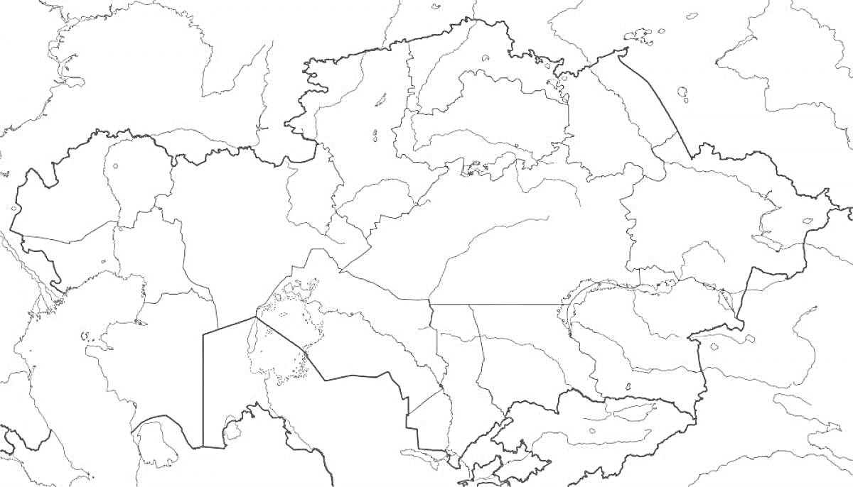 Раскраска Карта Казахстана с обозначением границ областей и рек