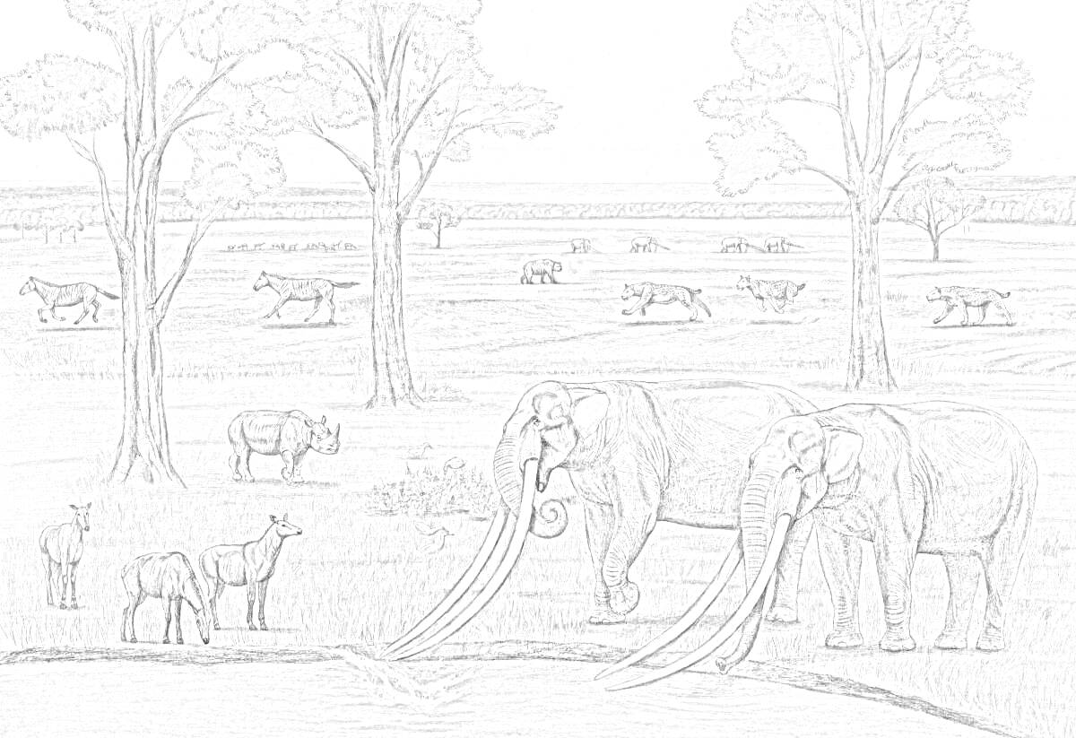 Древние животные на фоне леса и водоема, мамонты с длинными бивнями у воды, другие древние животные на заднем плане, деревья в саванне