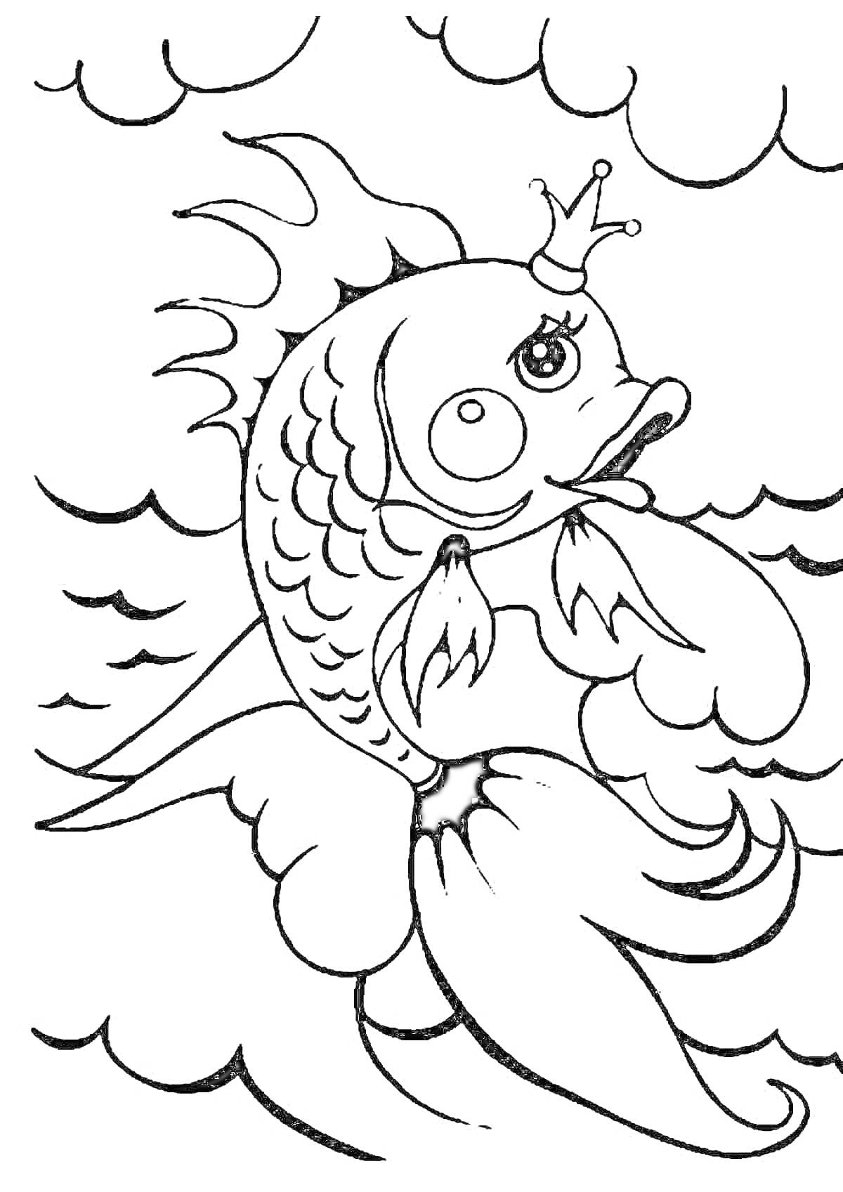 На раскраске изображено: Золотая рыбка, Корона, Волны, Облака, Море