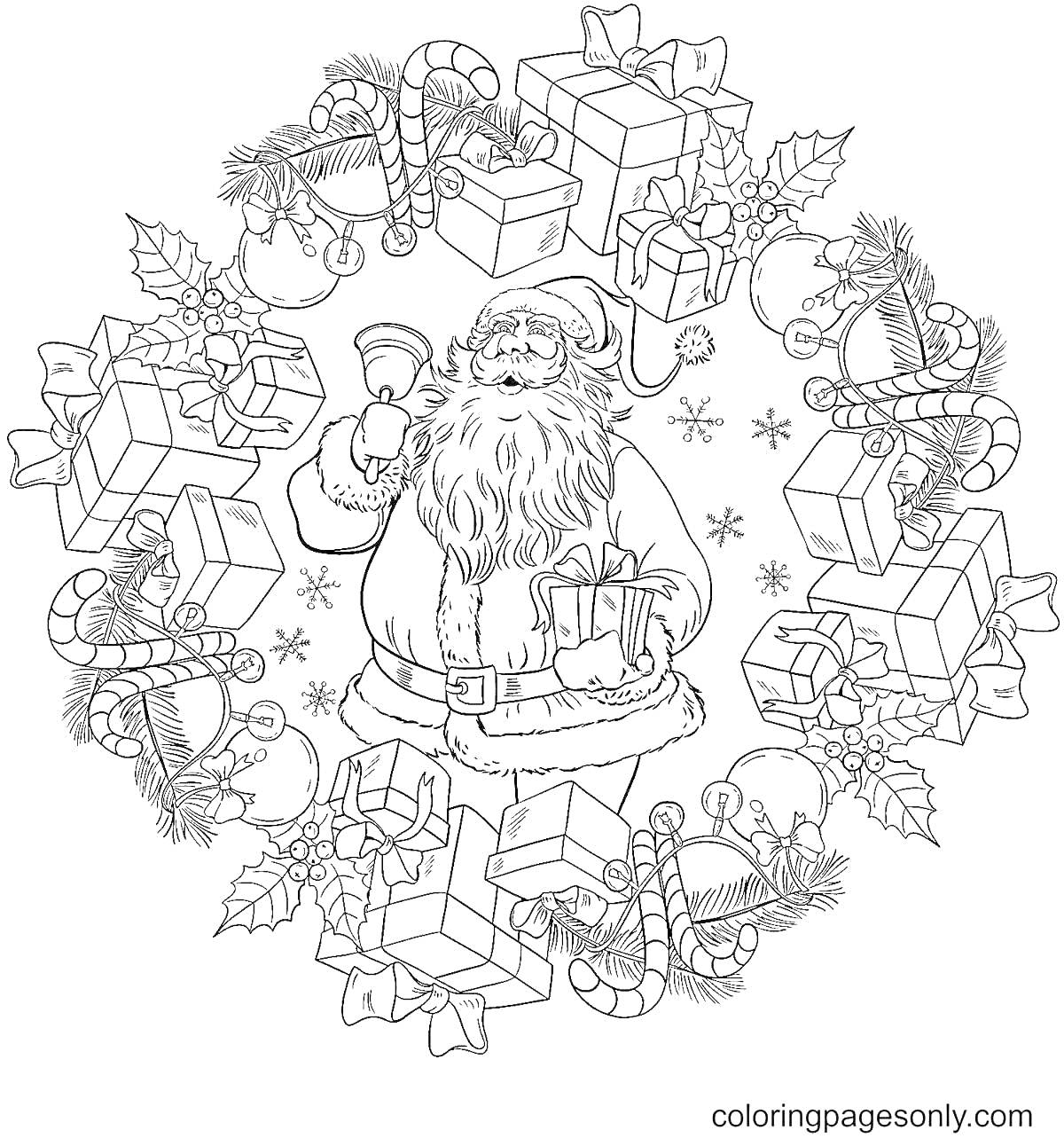 На раскраске изображено: Санта клаус, Подарки, Рождественский венок, Леденцы, Бубенцы, Еловые ветки, Снежинки