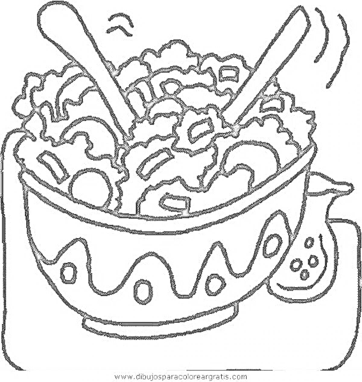 На раскраске изображено: Салат, Тарелка, Овощи, Соус, Кухонная утварь, Еда