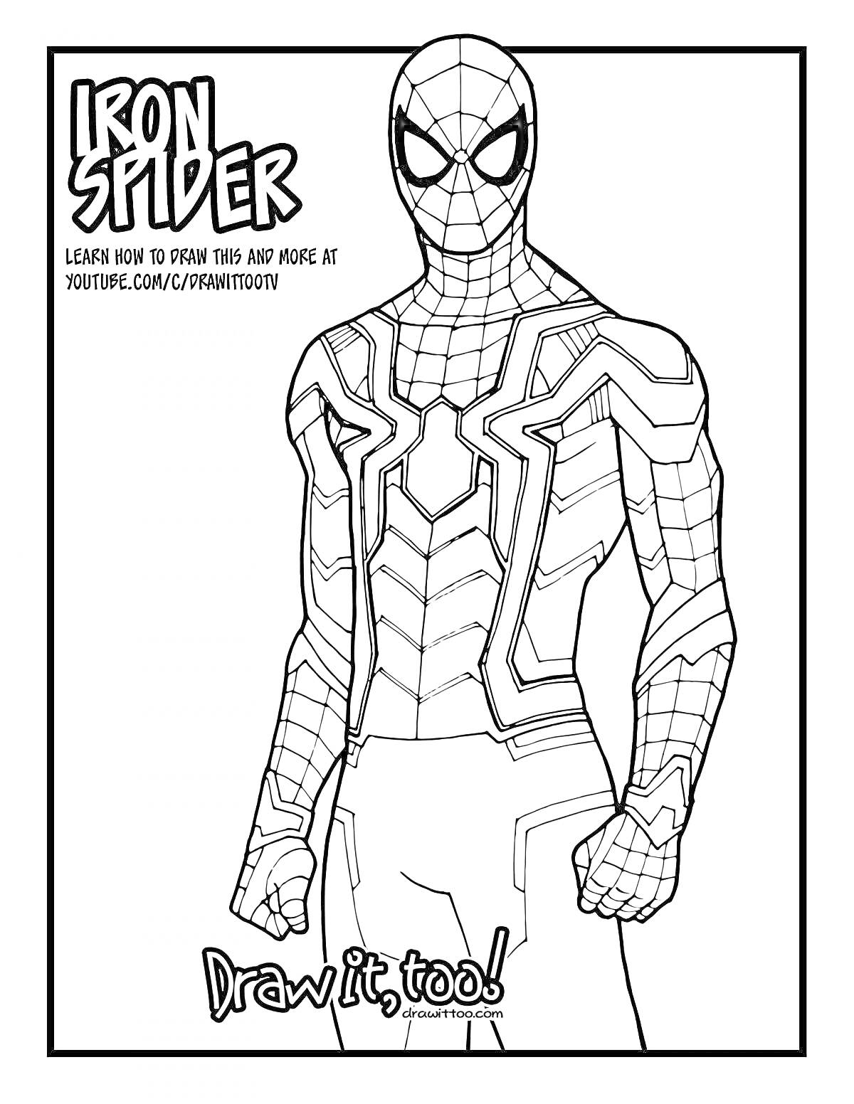 РаскраскаЧеловек-паук в костюме Железного Человека, надписи 
