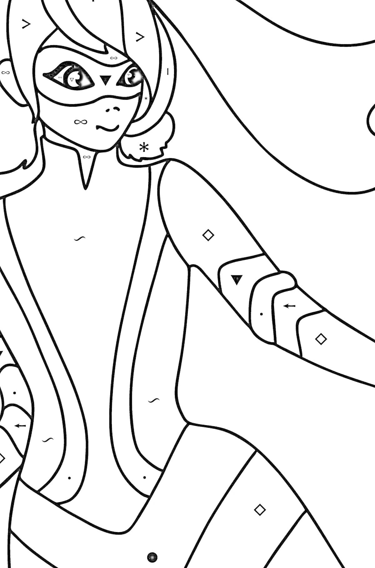 Раскраска Леди Пчела и Леди Баг с длинными волосами, маска на лице, костюм с узорами и украшениями