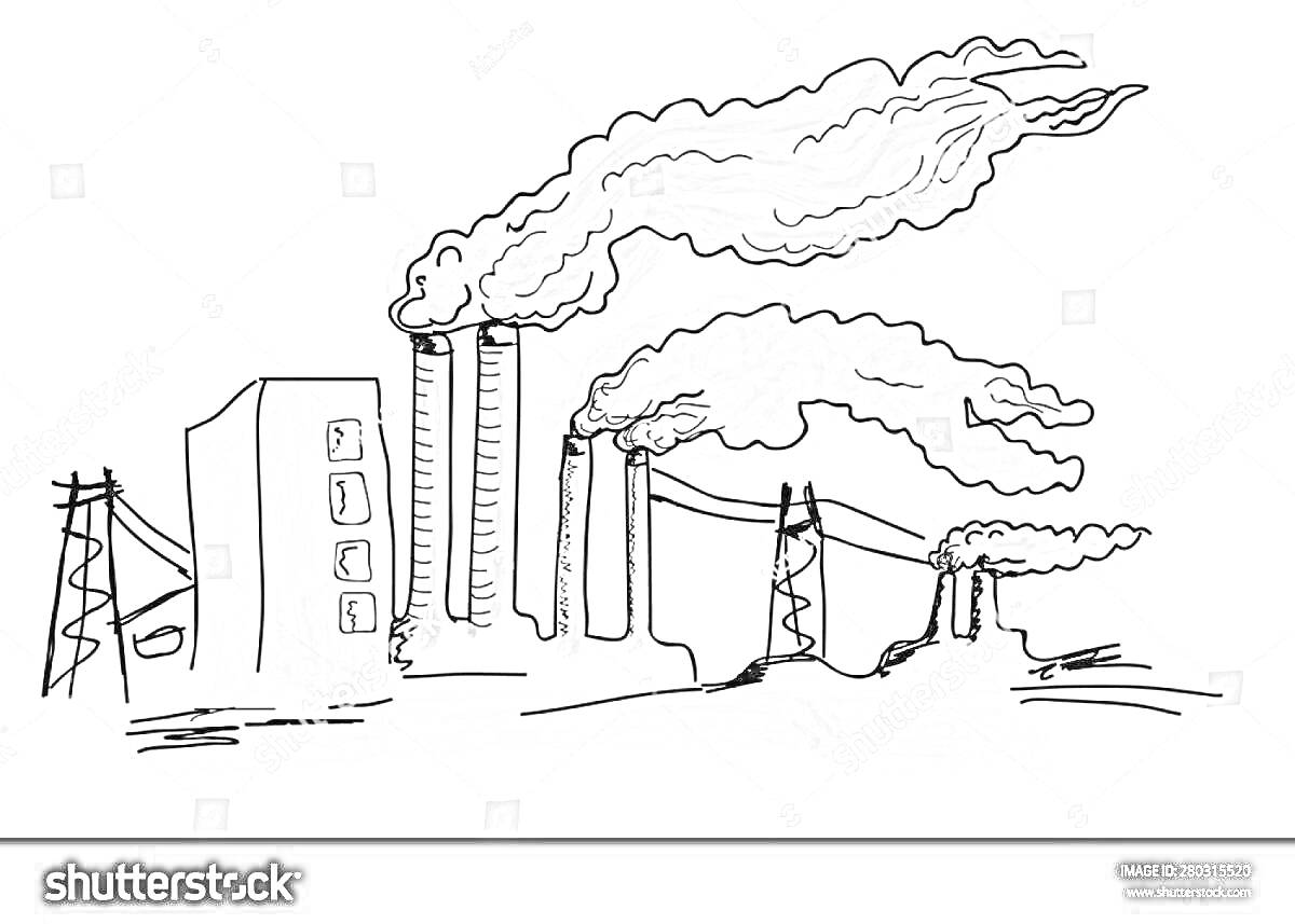 Раскраска Завод с дымоходами, выбрасывающий дым, рядом электрические столбы с линиями электропередач