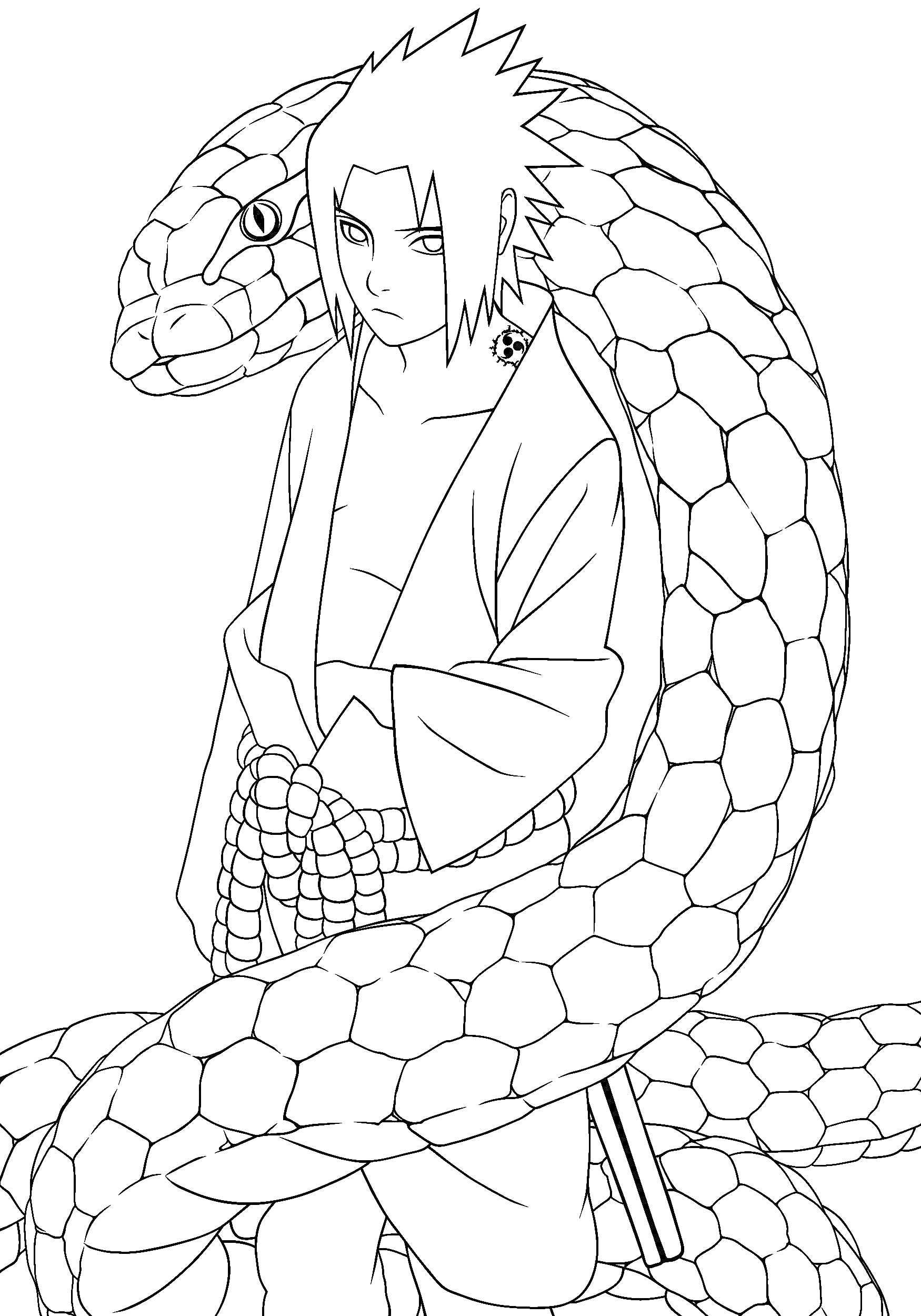 Раскраска Человек в кимоно с поясом и мечом, обвитый огромной змеёй