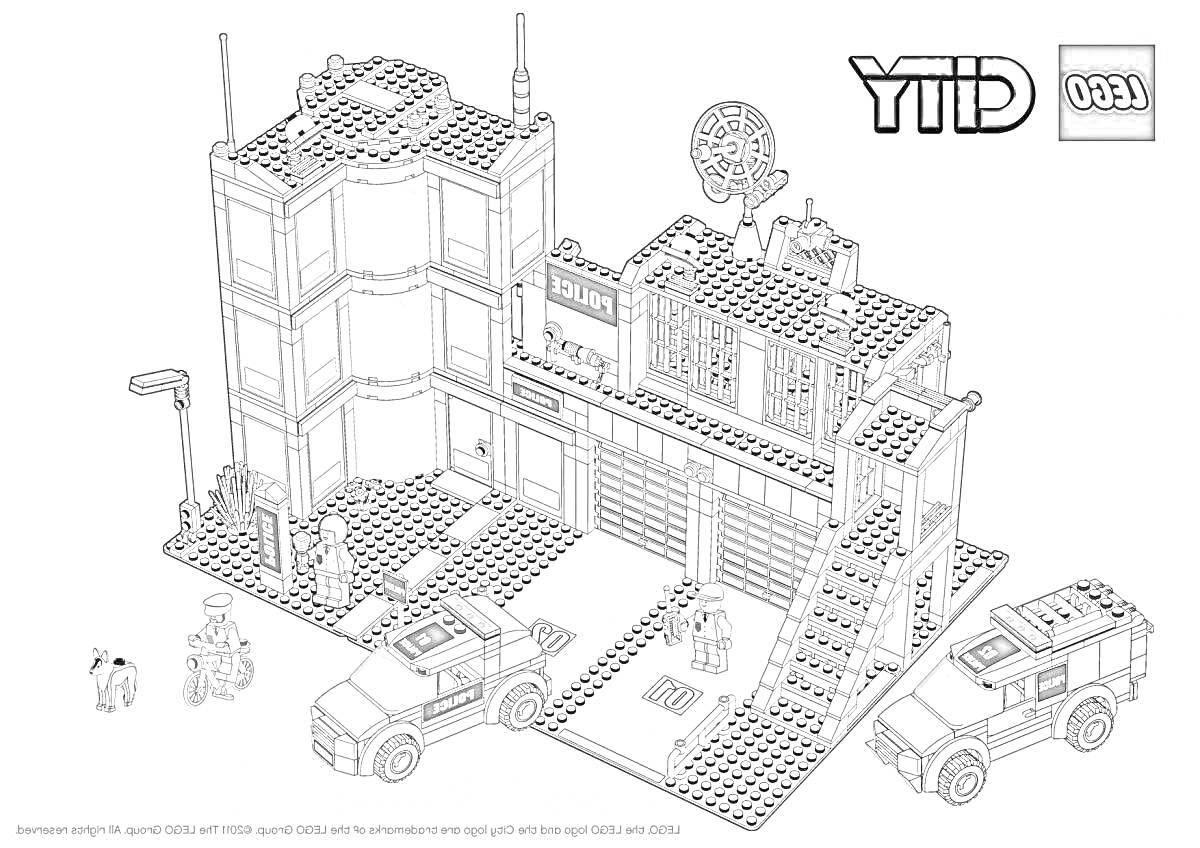 Раскраска Лего полицейский участок с машинами, вертолетной площадкой и персонажами