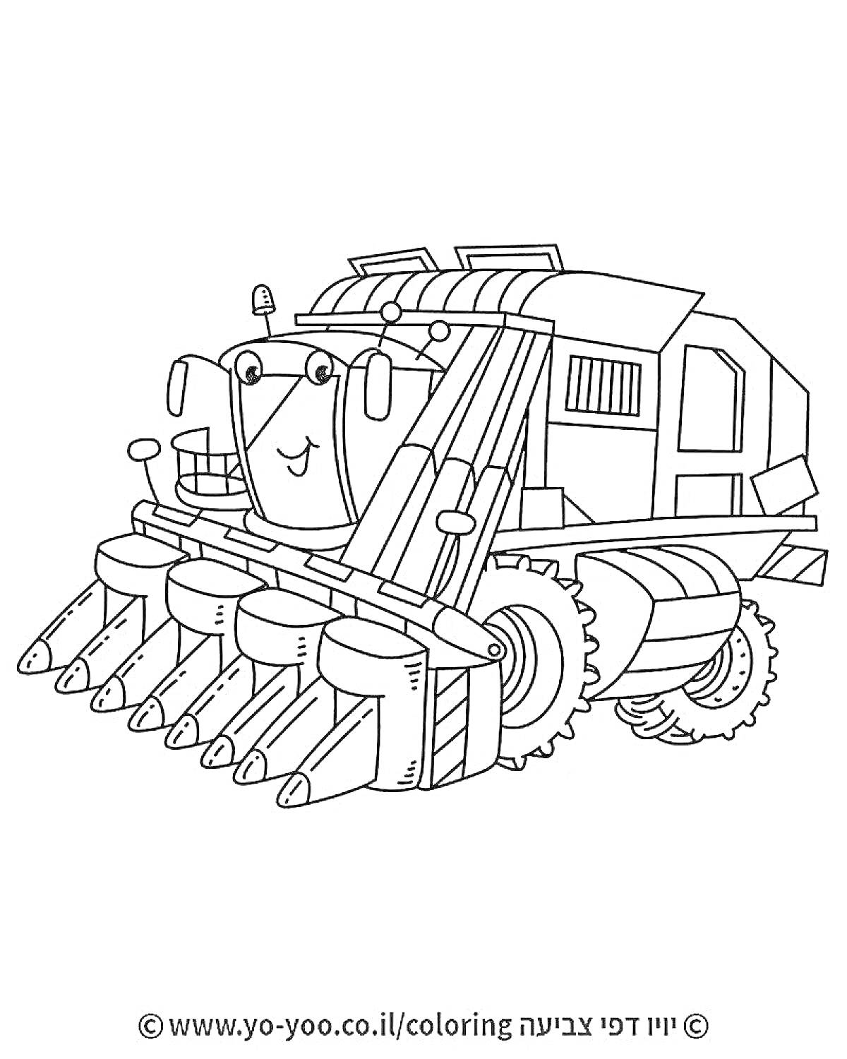 Раскраска Комбайн с улыбающимся лицом и большими шестеренками