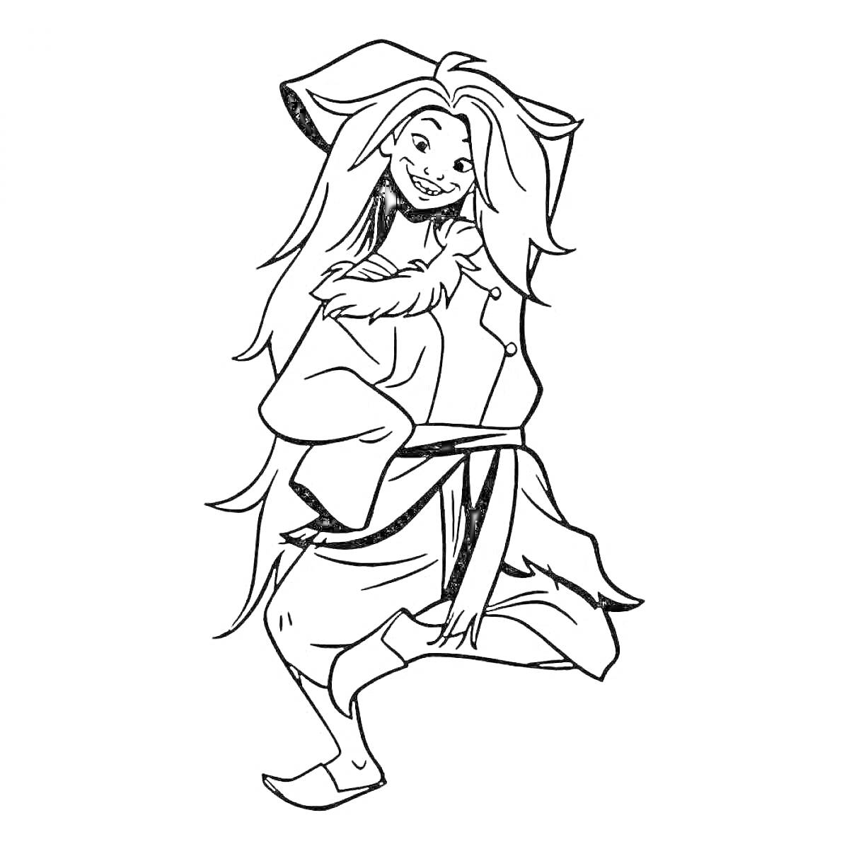 Раскраска Девушка в костюме с капюшоном с ушками, поясом и длинными волосами