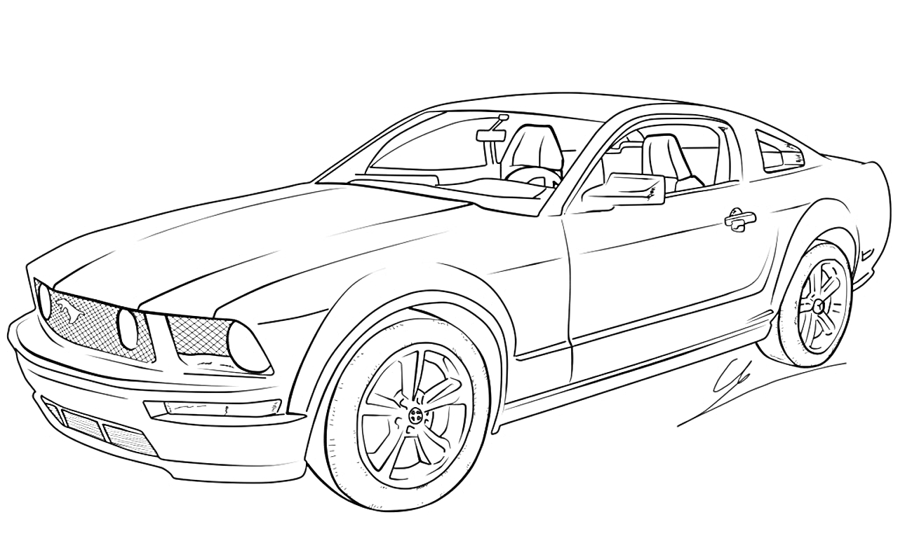 Мустанг - спортивный автомобиль, передняя часть с фарами, боковые зеркала, лобовое стекло, колеса, передний и задний бампер