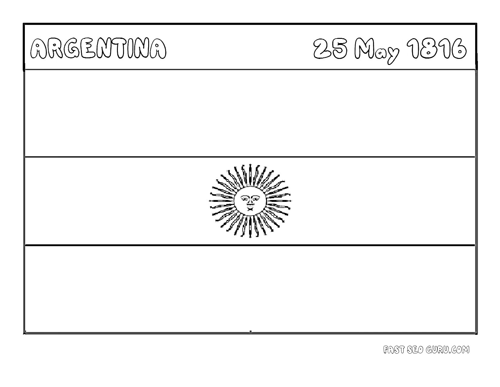 Раскраска флаг Аргентины с датой принятия 25 May 1816 и изображением солнца в центре