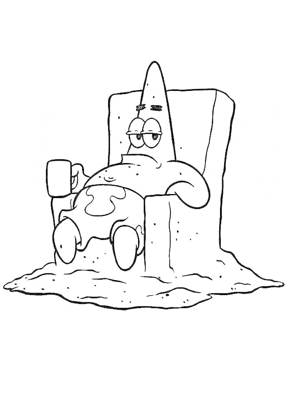 Раскраска Патрик в кресле, держащий кружку