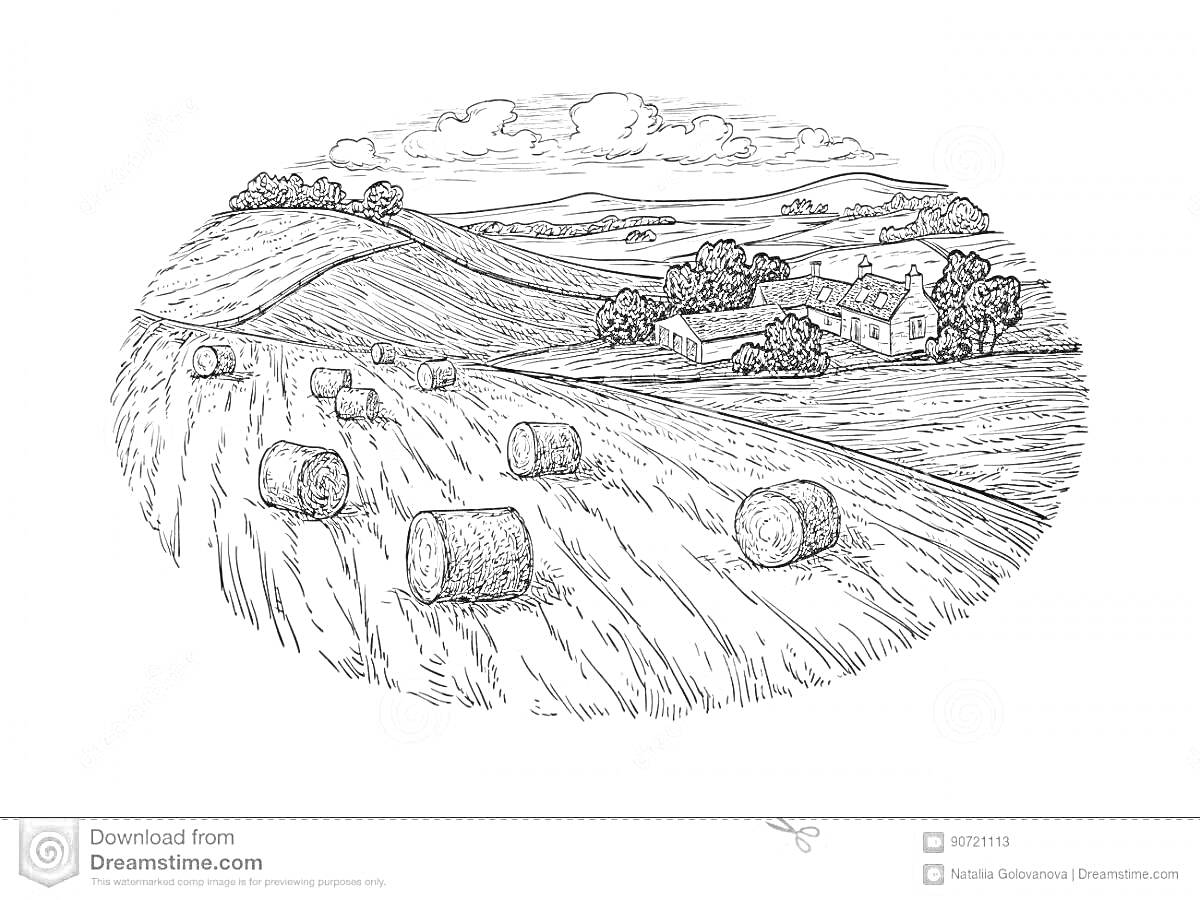Раскраска Поле с сеном, ферма, кусты, деревья, трактор, катушки сена, облака