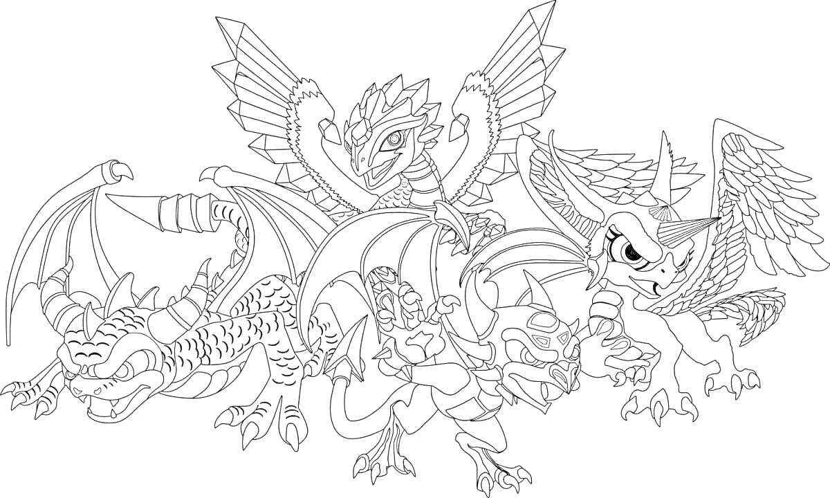 На раскраске изображено: Крылья, Рога, Хвост, Узоры