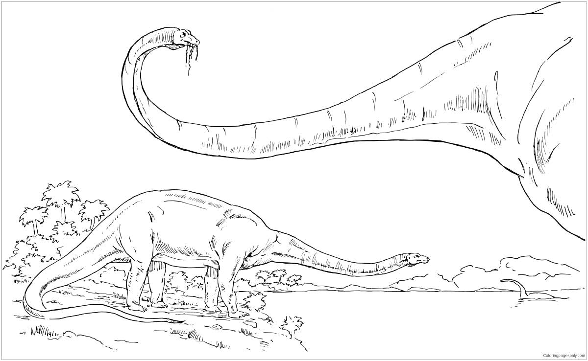 Раскраска Аргентинозавры среди деревьев и кустарников у водоема, один крупным планом, другой в отдалении