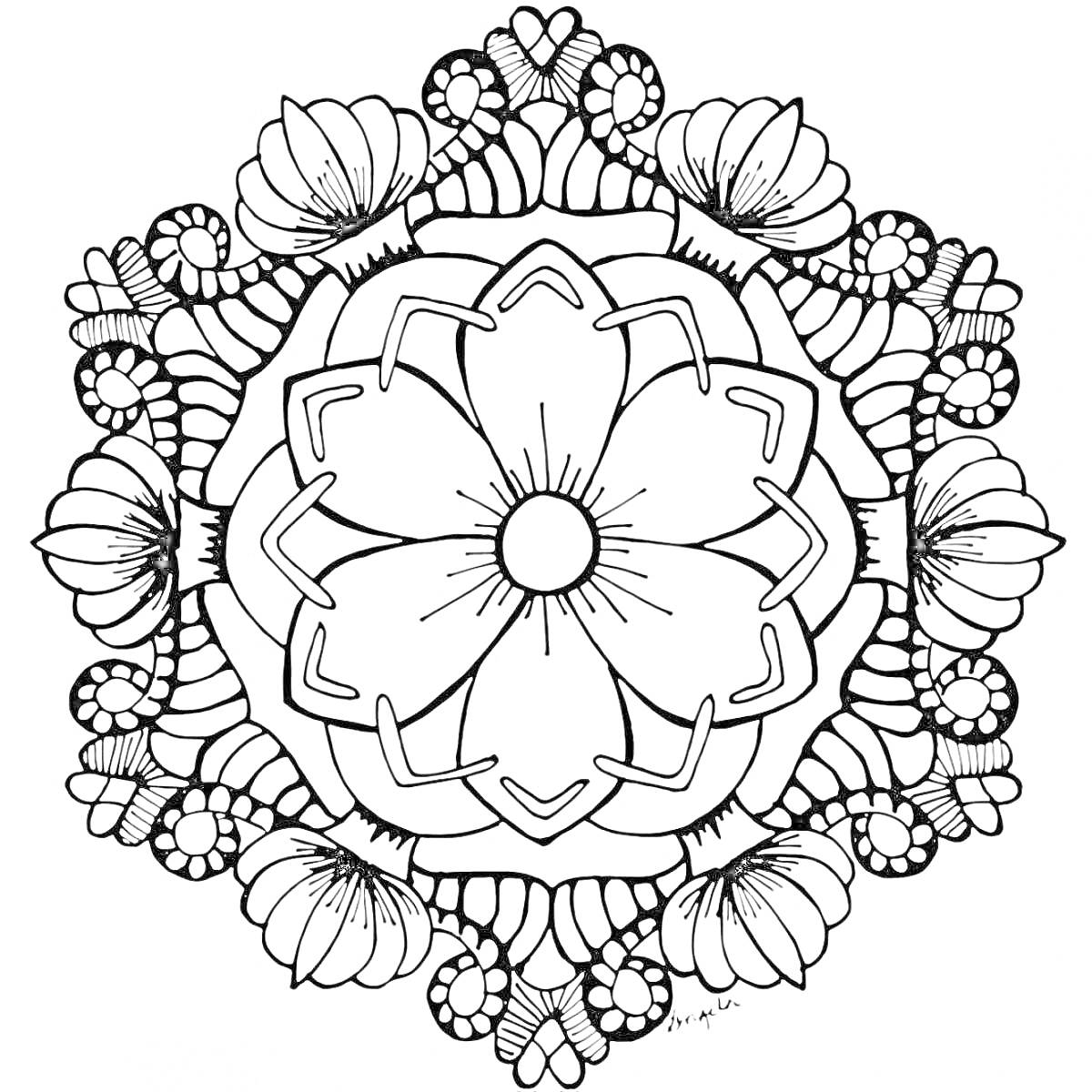 Раскраска Мандала с цветком в центре и деталями в виде лепестков и геометрических узоров
