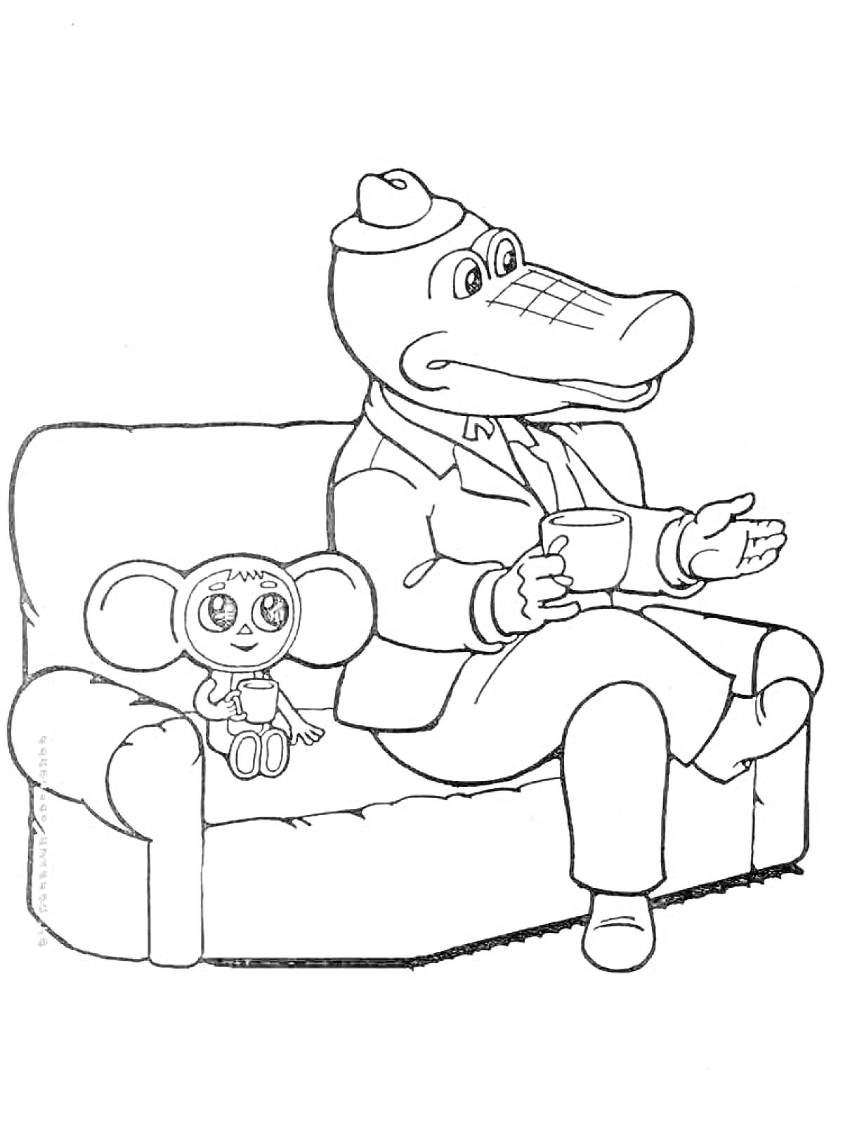 Раскраска Крокодил Гена с Чебурашкой на диване, Гена держит чашку