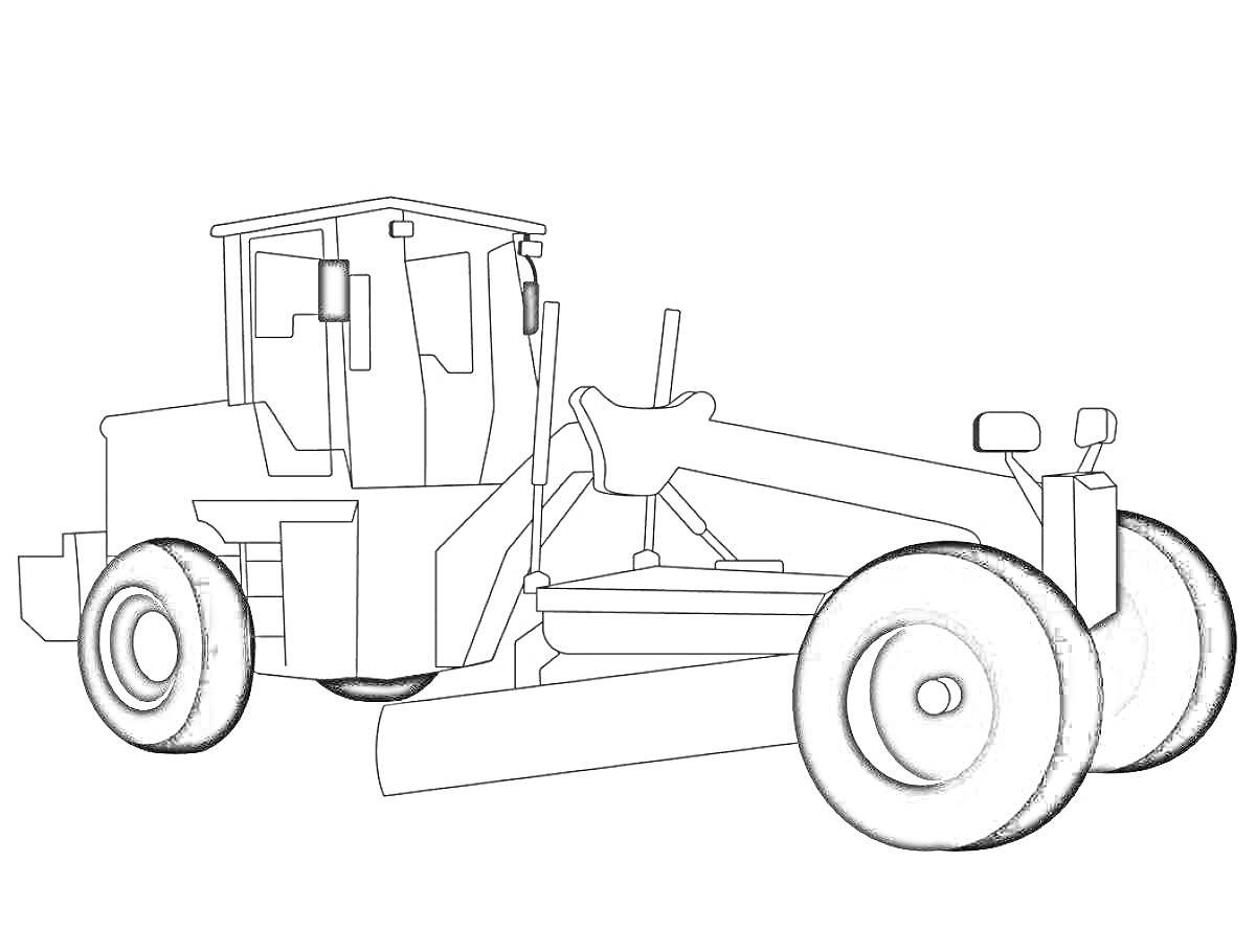 Раскраска Грейдер с кабиной, металлическим корпусом, передними большими колесами и задними колесами меньшего размера