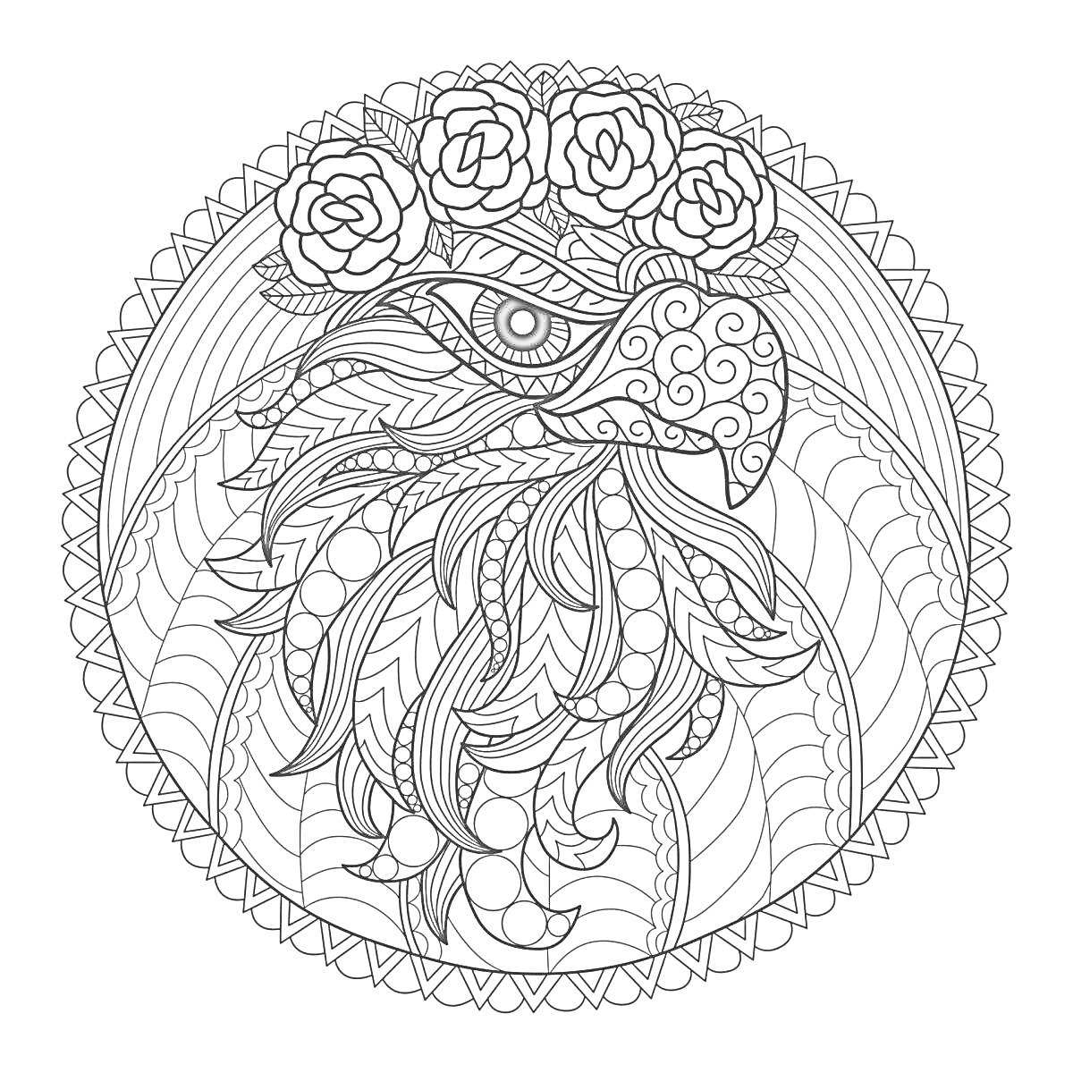На раскраске изображено: Антистресс, Орел, Цветы, Венок, Мандала, Узоры, Графика, Расслабление, Творчество
