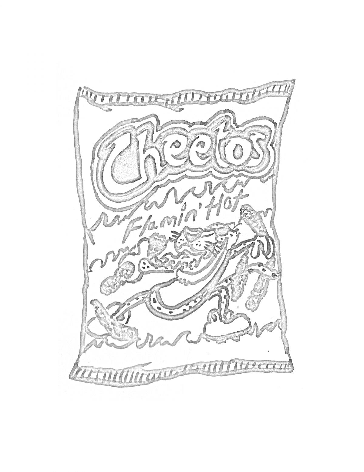 Раскраска Пакет чипсов Cheetos Flamin' Hot с изображением персонажа, держащего чипсы, и огненным фоном