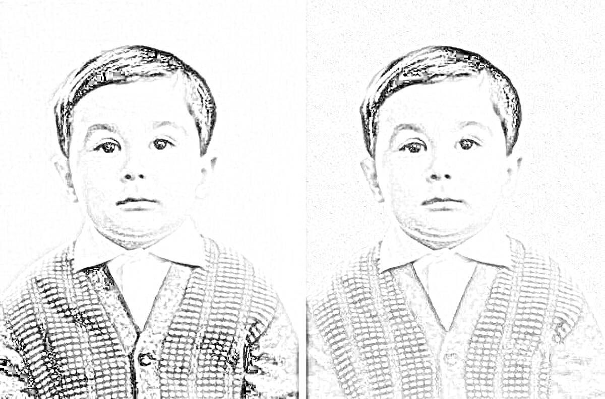 Раскраска Два портрета мальчика в детстве с прической, разделенной на пробор. Мальчик одет в рубашку с белым воротником и жакет с геометрическим узором.