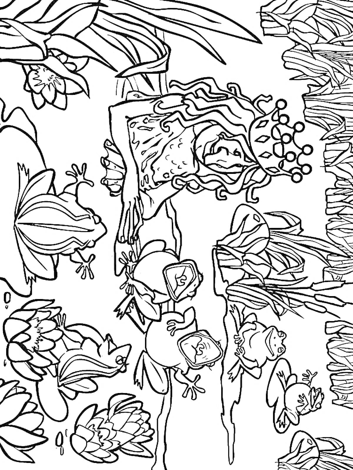 На раскраске изображено: Водяной, Корона, Лягушки, Водоем, Растения, Кувшинки, Камыши, Сказочные персонажи