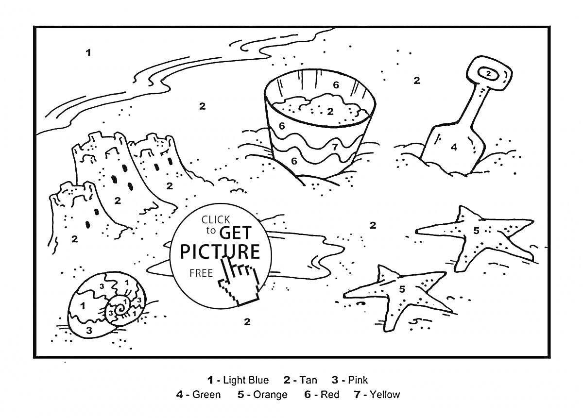 На раскраске изображено: Песочница, Ведёрко, Морские звезды, Раковина, Пляж, Игра, Песок