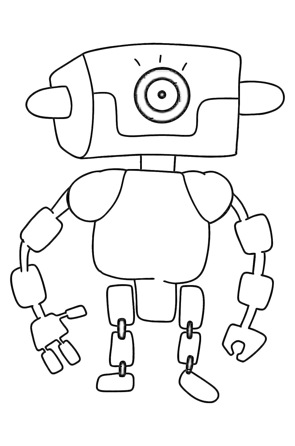 Раскраска Робот-кот с круглым глазом на голове, большими ушами, суставчатой шеей, гибкими руками, состоящими из прямоугольных сегментов с клешнями и лапами, суставными ногами и плосковатыми ступнями