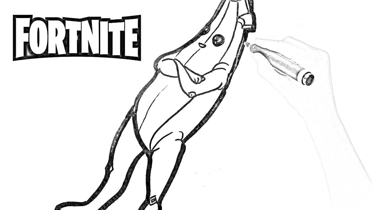 Банановый персонаж из Fortnite, нарисованный маркером с логотипом Fortnite