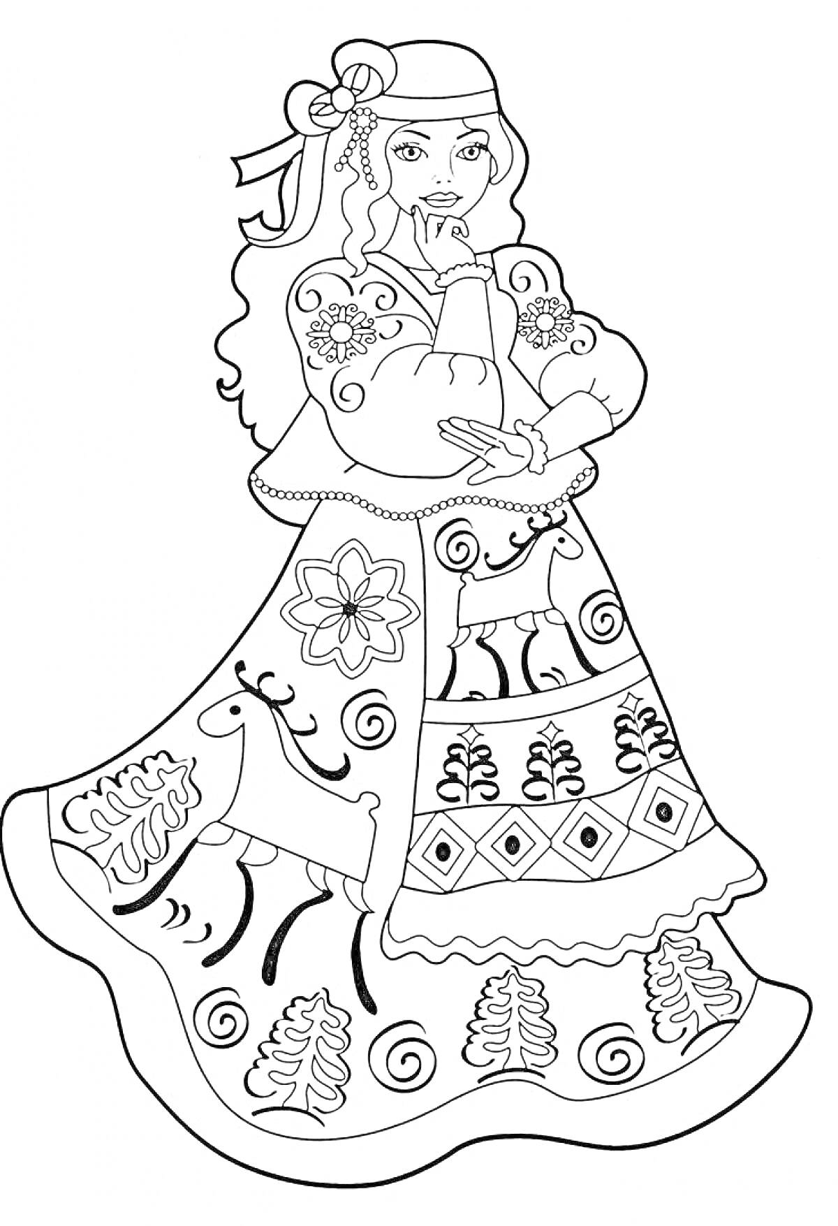На раскраске изображено: Барышня, Традиционное платье, Узоры