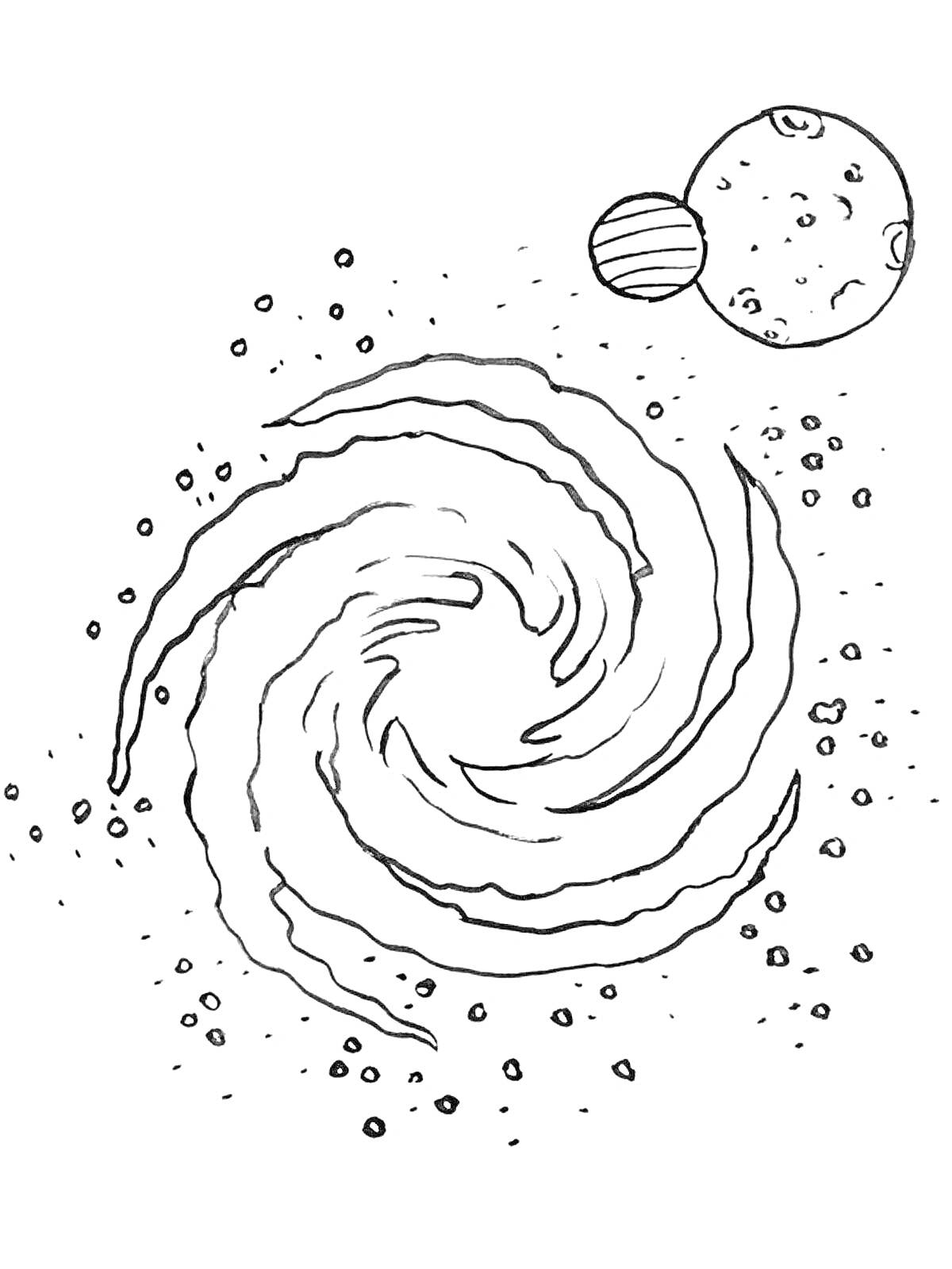 Раскраска Спиральная галактика с двумя планетами на фоне звёздного неба