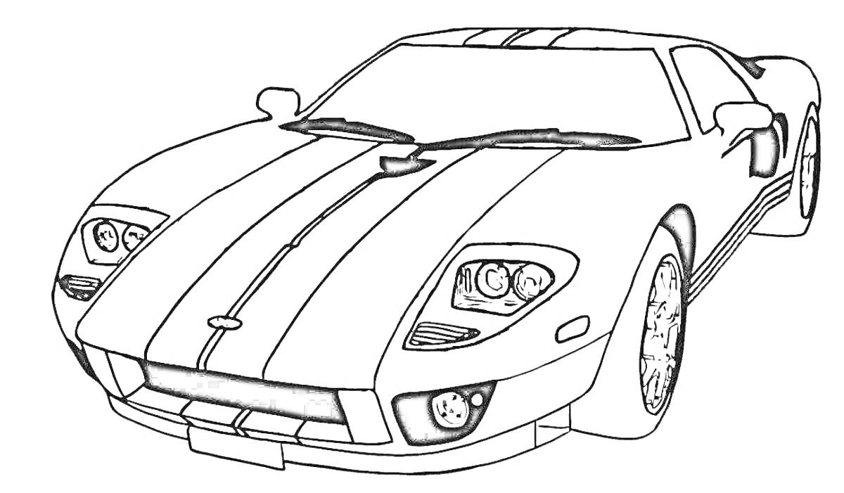 Раскраска Спортивный автомобиль с полосками, вид спереди, два фары, зеркала заднего вида, колеса, решетка радиатора и линии аэродинамики