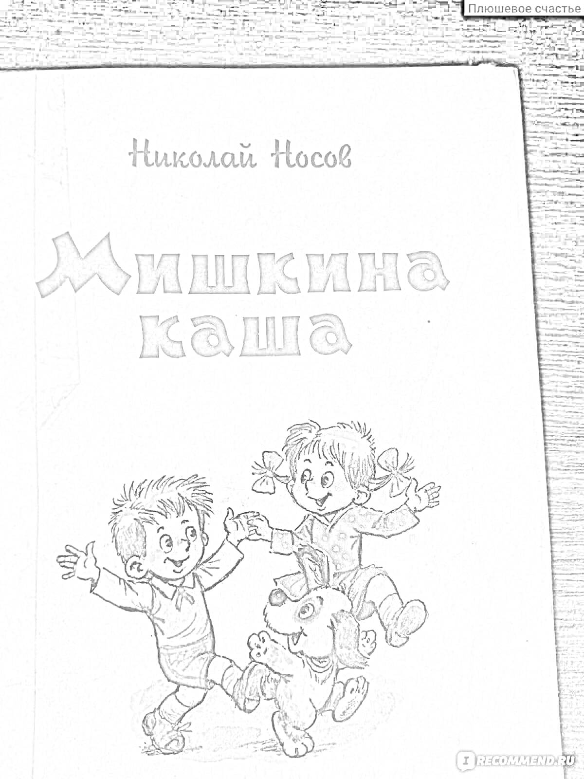 На раскраске изображено: Мальчик, Девочка, Собака, Обложка книги, Николай Носов, Мишкина каша