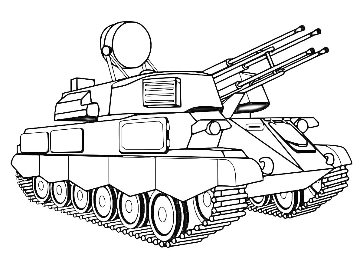 Раскраска Танковая боевая машина с радарами и четырьмя пушками