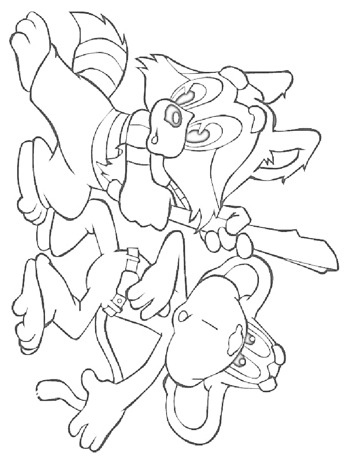 Раскраска Крошка енот с палкой и мышонком