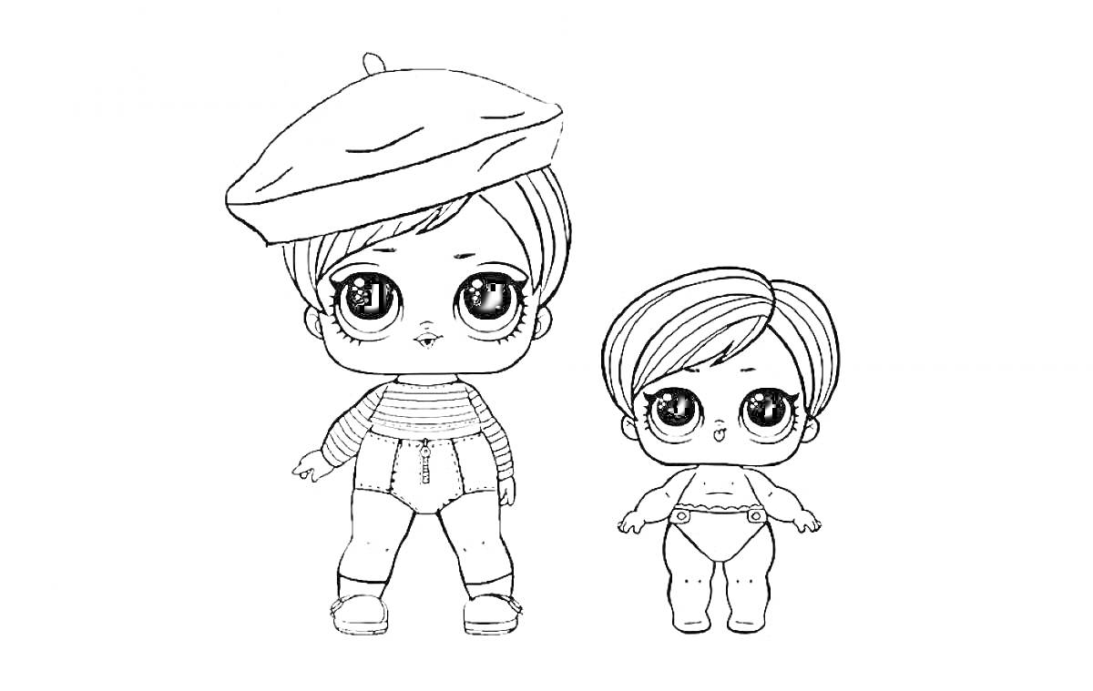 Раскраска Две куклы Лол Конфетти Поп в головном уборе и кофте, другая без одежды и головного убора
