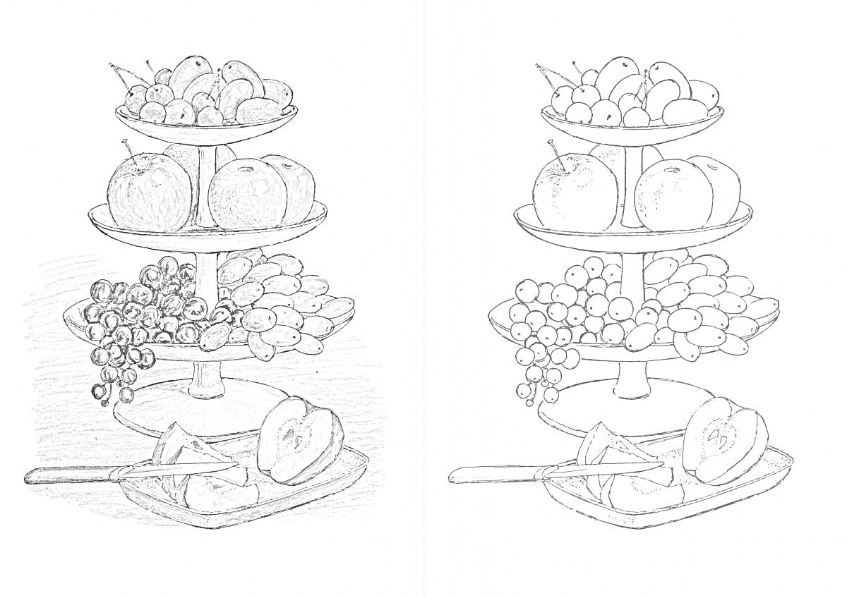 На раскраске изображено: Фрукты, Подставка, Виноград, Сливы, Дыня, Нож, Тарелка