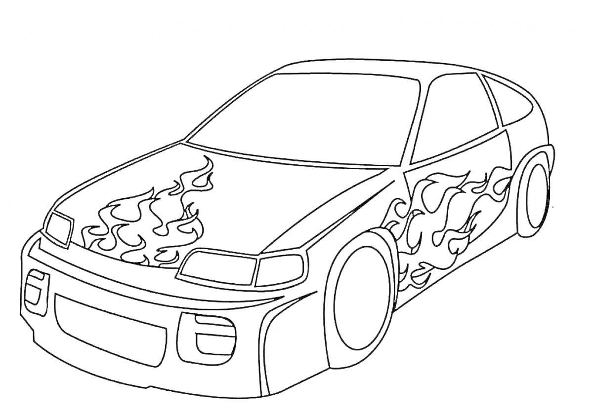 Раскраска Гоночный автомобиль с пламенем на капоте и боках