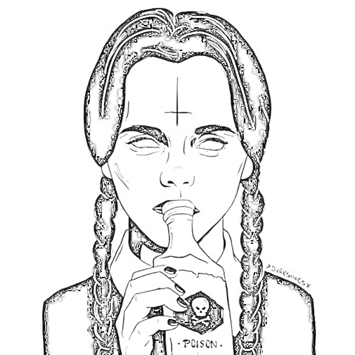 Девочка с косичками, пьющая яд из бутылки с черепом