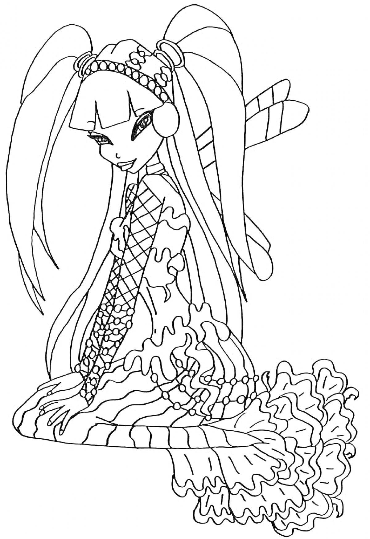 Раскраска Русалка Винкс с длинными волосами, украшенными бусинами, ракушками и большими бантами, в наряде с волнистой юбкой