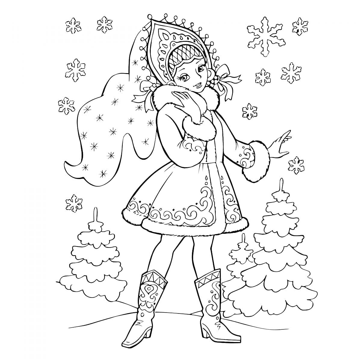 Раскраска Снегурочка в праздничной одежде среди снежинок и ёлок
