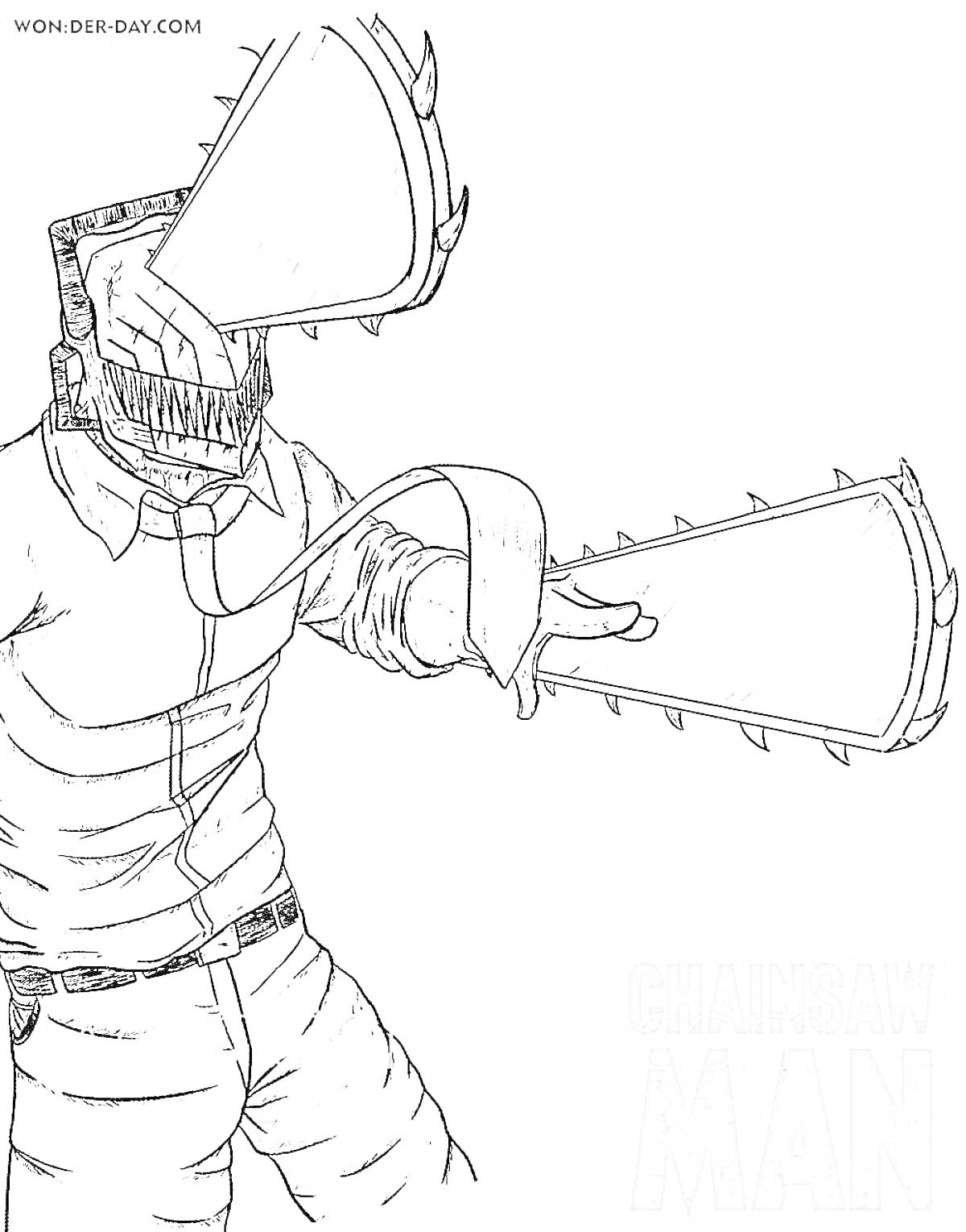 На раскраске изображено: Человек бензопила, Инструмент, Оружие, Манга, Аниме