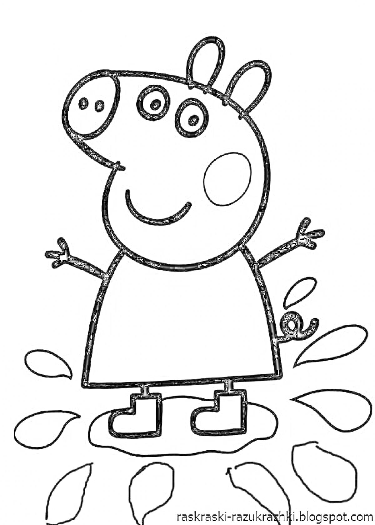 Раскраска Мультяшная свинка в сапогах, прыгающая по лужам и окруженная листьями