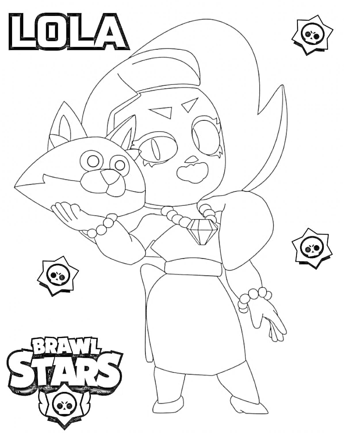 Раскраска Раскраска с персонажем Лола из игры Brawl Stars, держащим куклу-кошку, логотипом Brawl Stars, и значками черепа с костями.